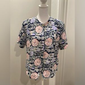 VTG 80s Bora Bora Short Sleeve Floral Geometric Printed Button-Up Top Blouse - M